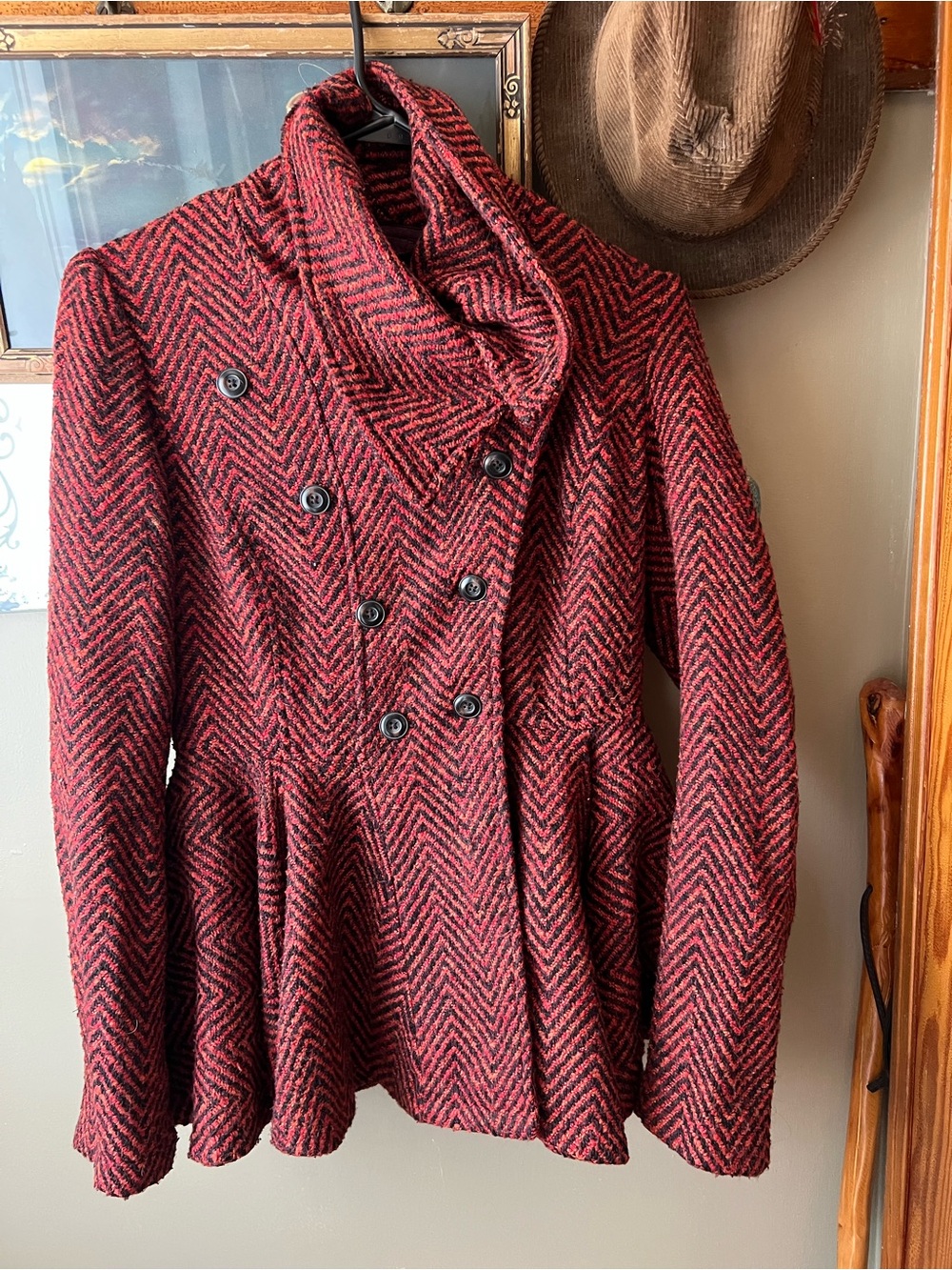 Free People Red and Black Herringbone Knit Cardigan